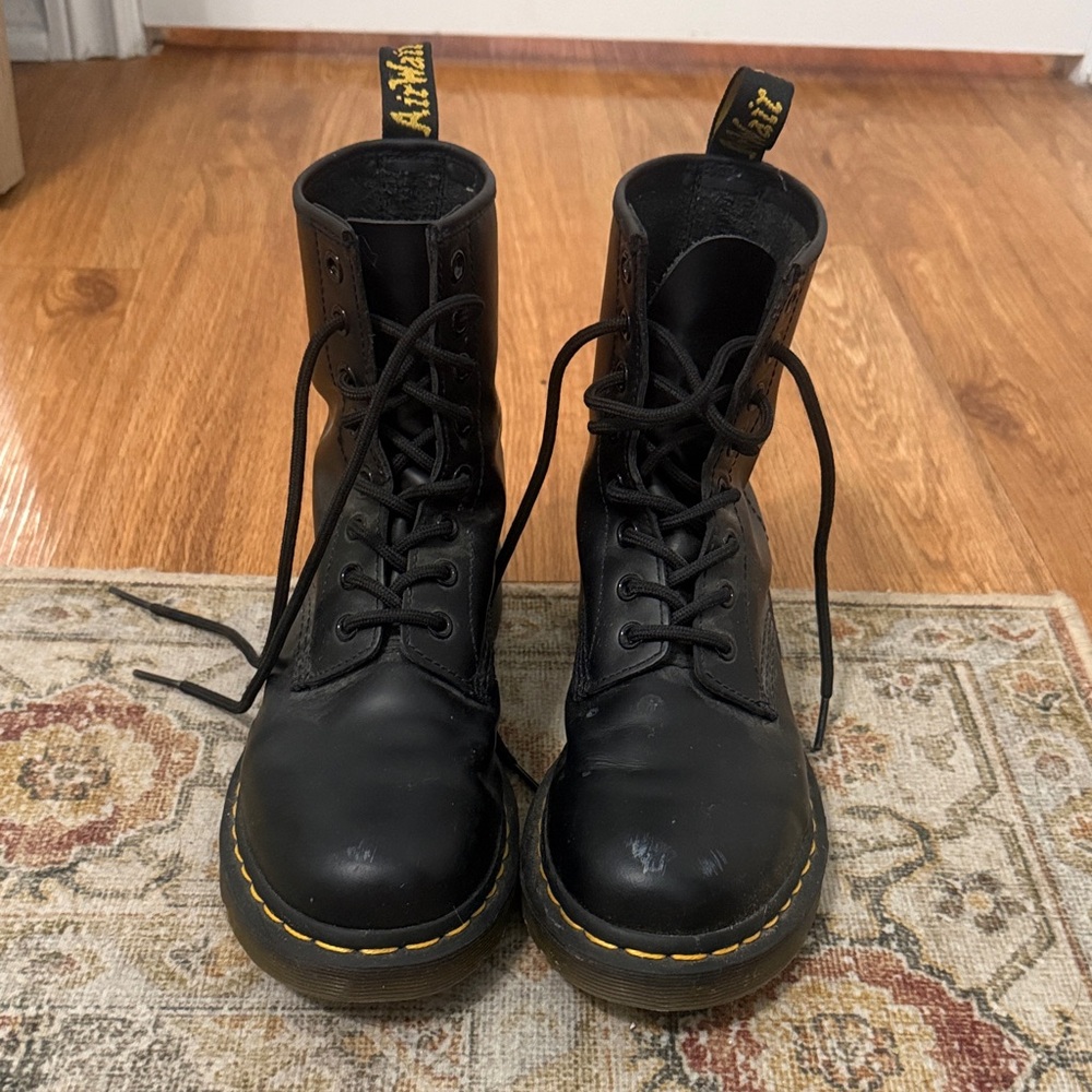 Dr. Martens Black Leather Boots with Yellow Stitching